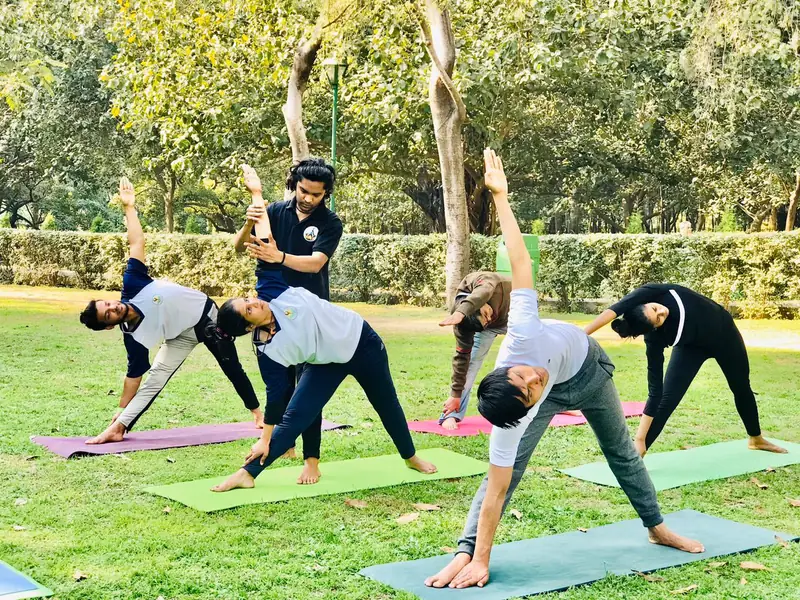 A group class in a Delhi park, six students in triangle pose while the teacher corrects one student's arm